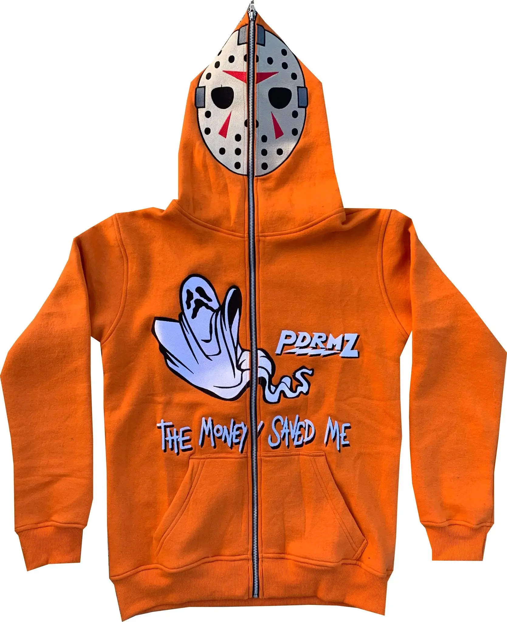 Trendy Fashion Orange Full-Zip Hoodie Embroidered Jason Mask on Side of Hood 100% Cotton Full Zipper Hoodie