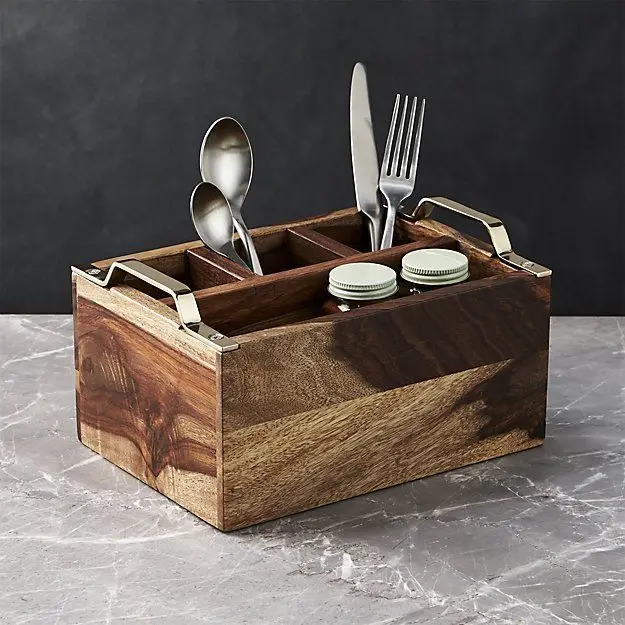 Handcrafted wooden caddy for holding drinks, snacks, and small accessories perfect for a cozy family movie night or gathering