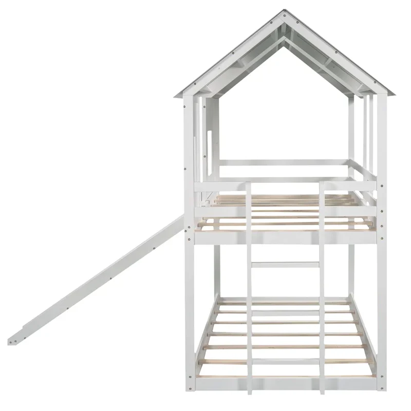 GOODFRIENDSHIP Double Roof Bed with Slide, Twin Over Twin Bunk Bed with Windows and Roof, Ladder and Guardrails