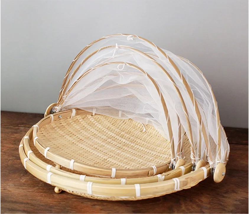 Bamboo Tent Basket Hand Woven Tray Anti Bug Food Fruit Container Mesh Cover Style For Food Cover Anti Fly Meal with Cover