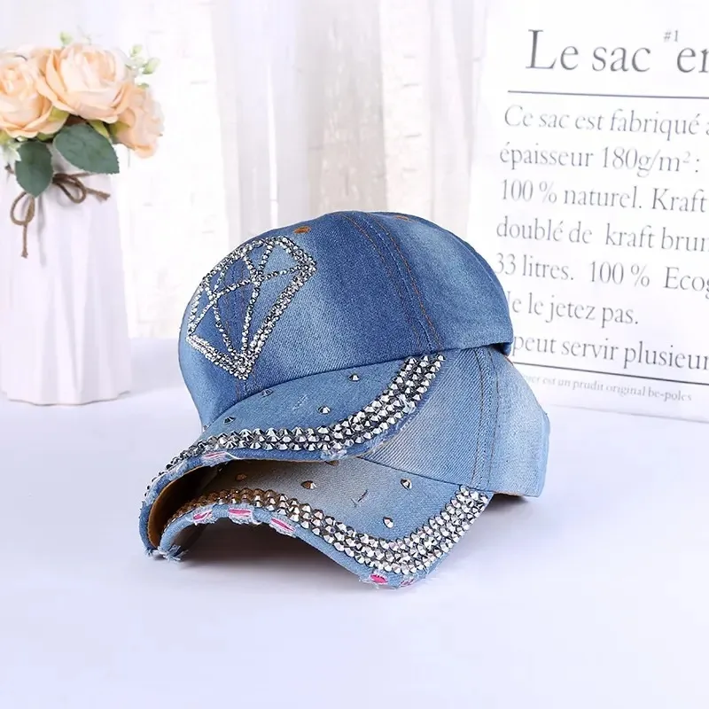 Wholesale Rhinestone Jeans Bejeweled Crown Sparkle Bling Hat Women Distressed Denim Baseball Cap