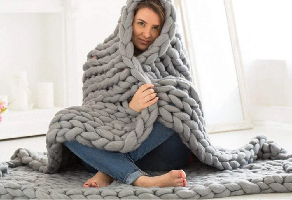 Handmade Giant Soft Thick Chunky Knitted Blanket Cozy Bed Throw, Fashion Sofa Blanket Yoga Mat Rug Home Decor Gift