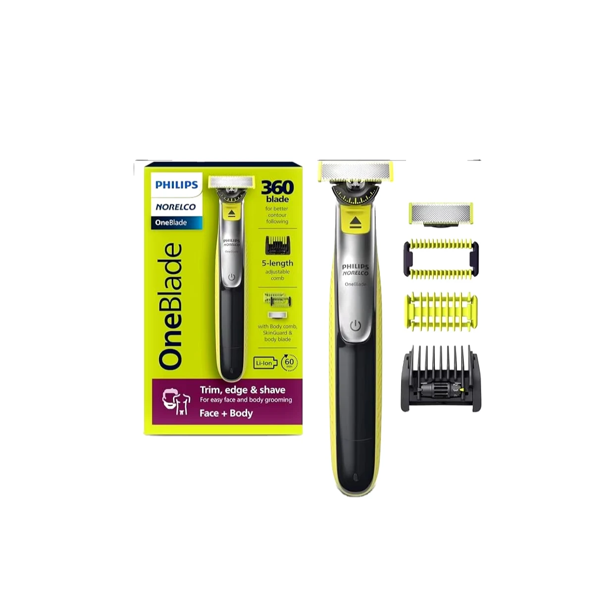 Philips Norelco OneBlade 360 Face + Body, with 5-in-1 Face Stubble Comb and Body Hair Trimmer Kit, QP2834/70