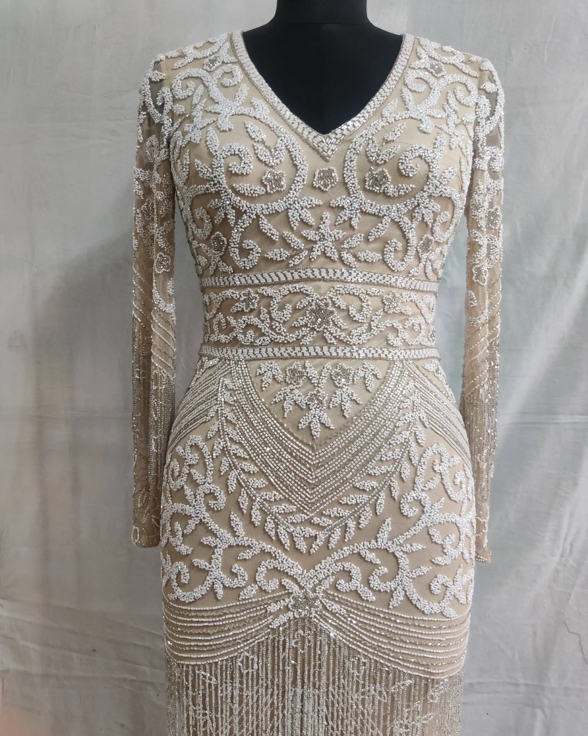 Stylish Princess dresses very heavily beaded luxurious beautiful white nude hand embroidered long ball gown party evening dress
