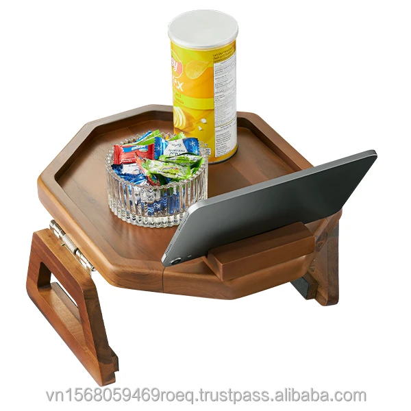 Octagon Sofa Arm Tray with Phone Holder Acacia Wood Organizer Tray Couch Arm Table for TV Remote Coffee Snack Wooden Side Tables