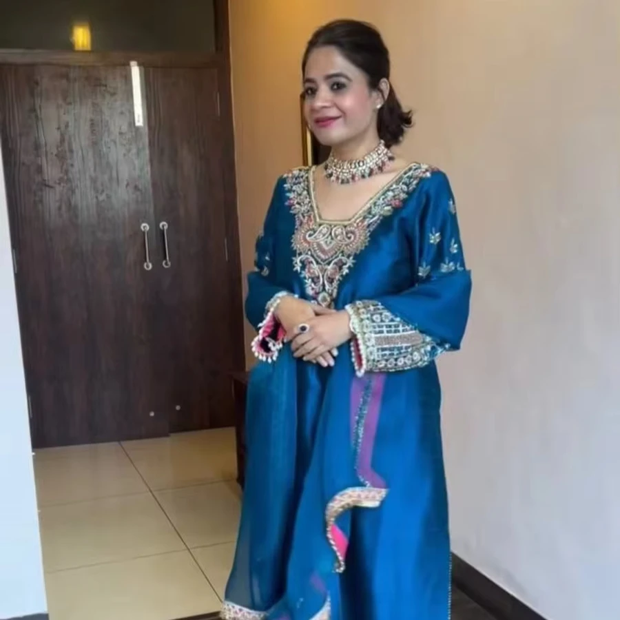 Designer silk embroidery sequence work top palazzo with dupatta festival wear indian women wholesale price ethnic garment