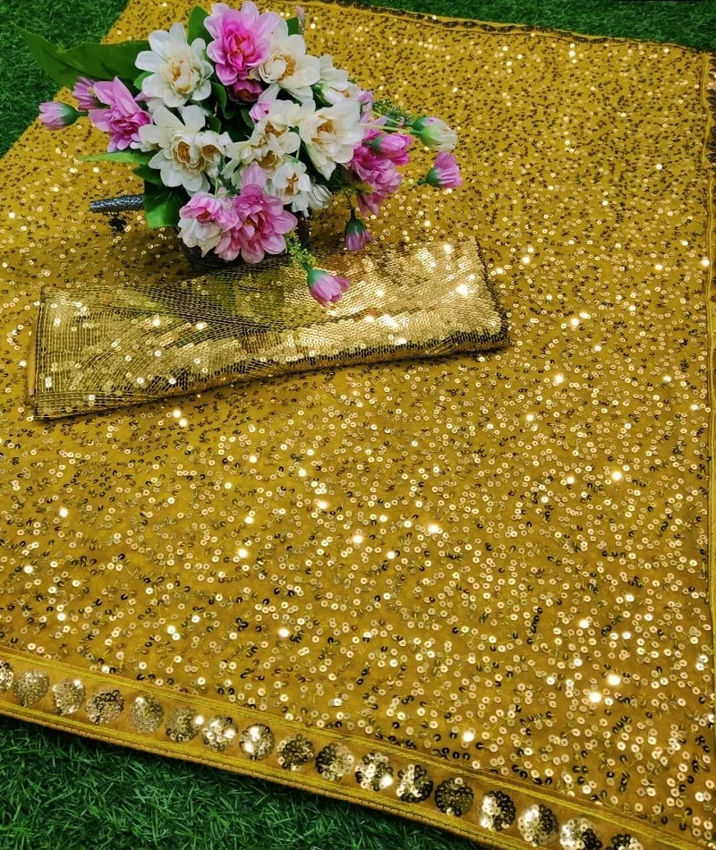 Heavy Exclusive Latest Style Georgette Fancy Sequence Work Sari with Banglory Silk Blouse for Women Wear Indian Party Wear Saree