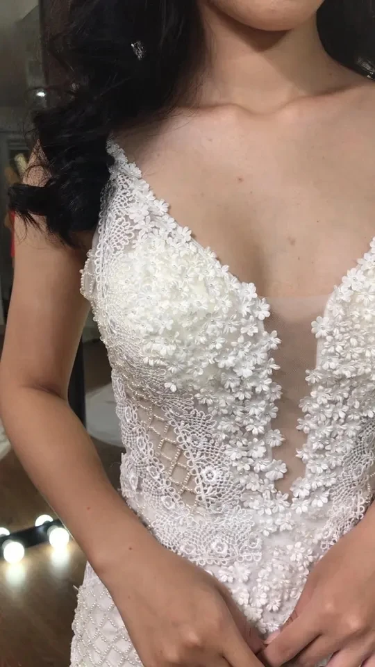 White sexy tulle lace backless long tail sparkling crystal beaded luxury wedding dresses TNBPno60