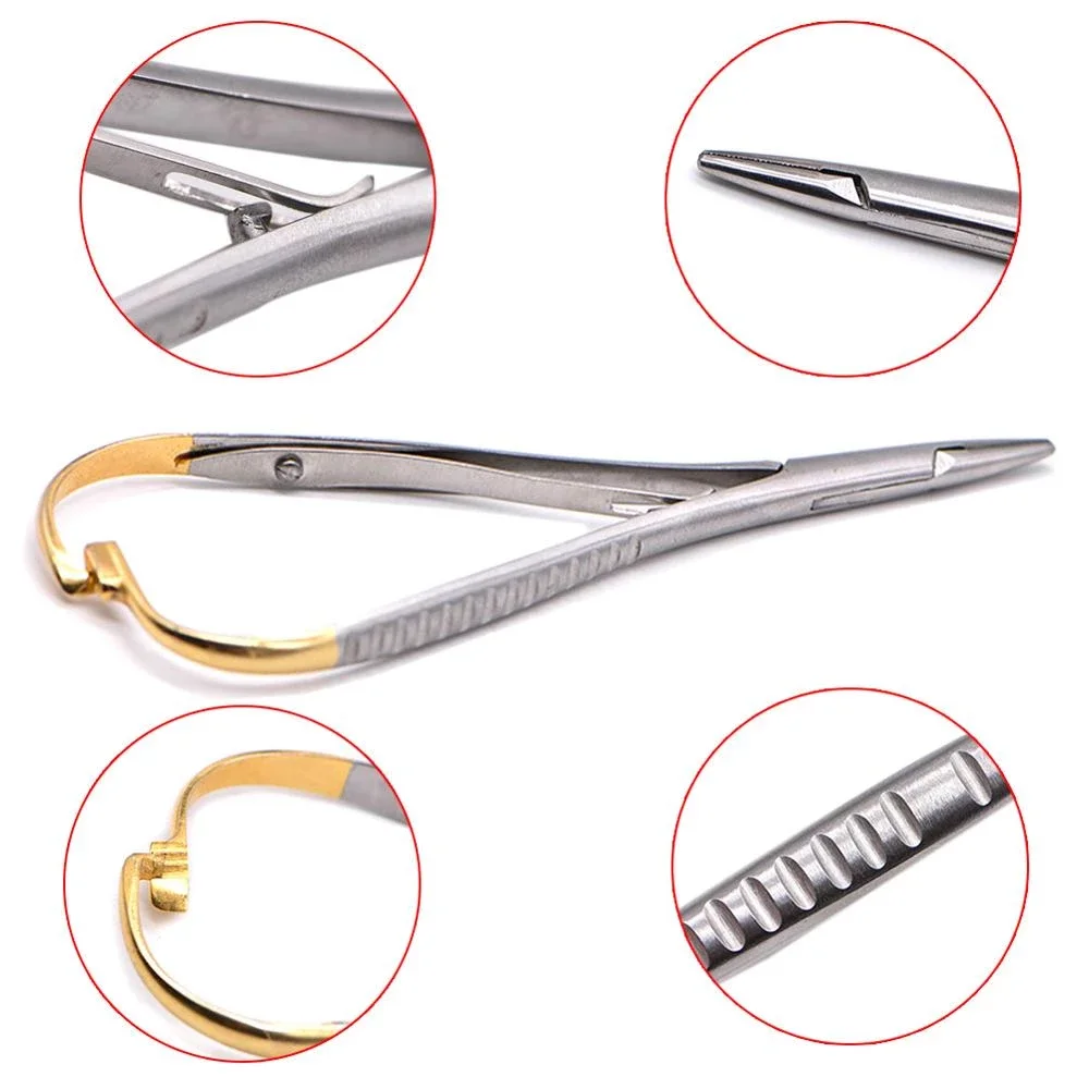Round Dental Needle Holders Stainless Steel Orthodontic Plier Gold Plated Handle Surgical Dental Instrument Implant Castroviejo