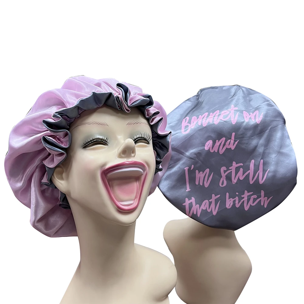 New Fashion Women Satin Night Sleep  Hair Bonnet Hat Silk Head Cover Print Wide Elastic Band