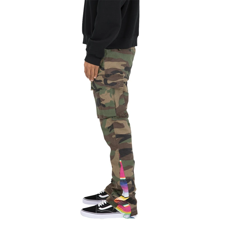 2022 Men Fashionable 100% Cotton Slim Serape Patchwork Boot Cut INS Style Military Camouflage Cargo Pants Flare Sweat Pants Men