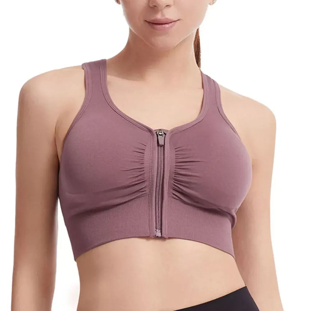 High Support Zip Front Sports Bra Ladies Front Zipper Yoga Bra Top Nylon Spandex Breathable Fitness Bra Solid Pattern Adult Size