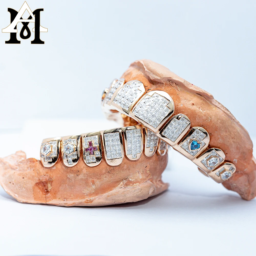 Invisible Set Custom Iced Out Hip Hop Grillz Princess Brilliant Cut 18k Gold Plated VVS Moissanite Diamond Grillz For Teeth