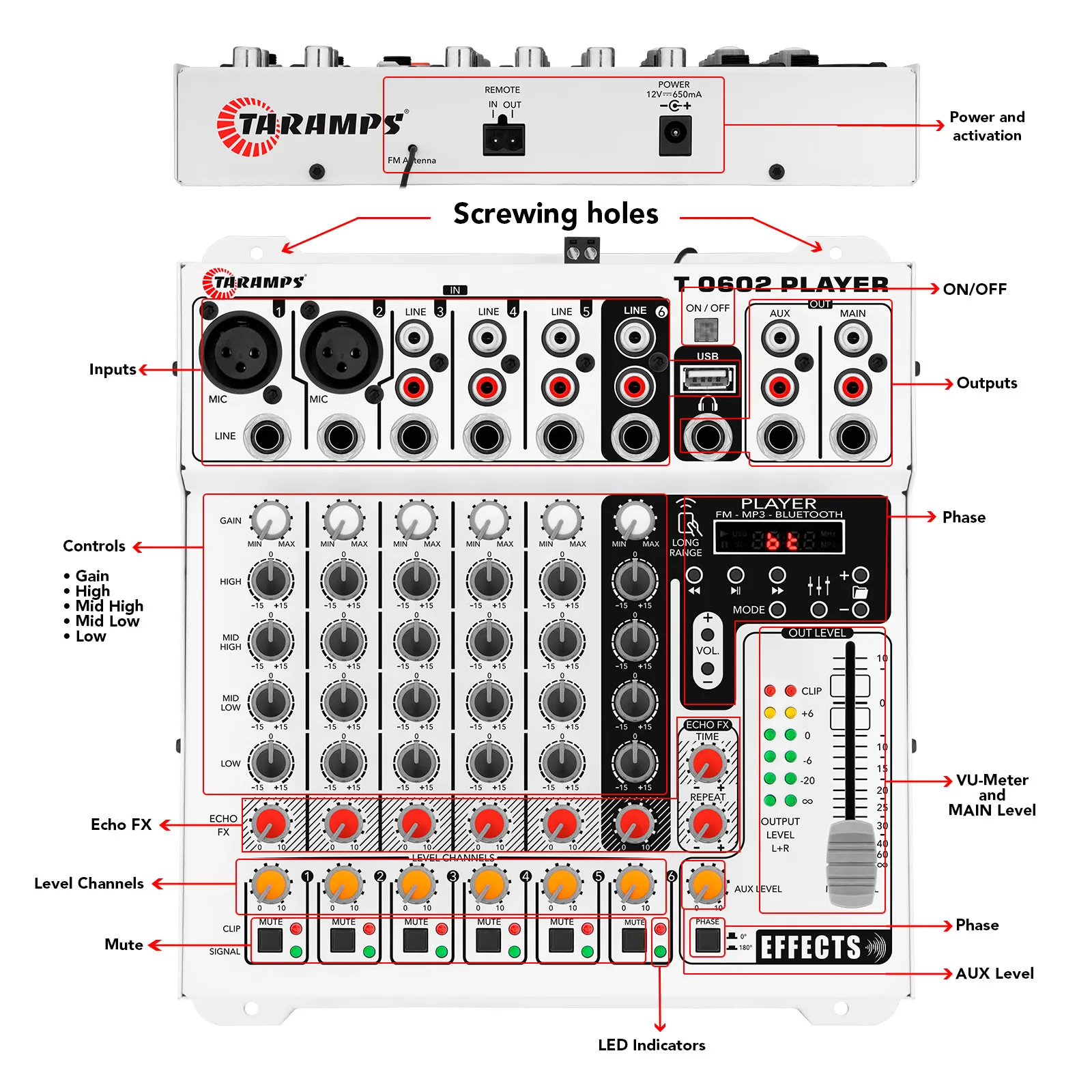 Taramps Audio Mixer T0602 Player 6 Input Channel 2 Output  Remote Control USB FM MP3 DJ Mixer Bluetooth Equalizer Effect Echo FX