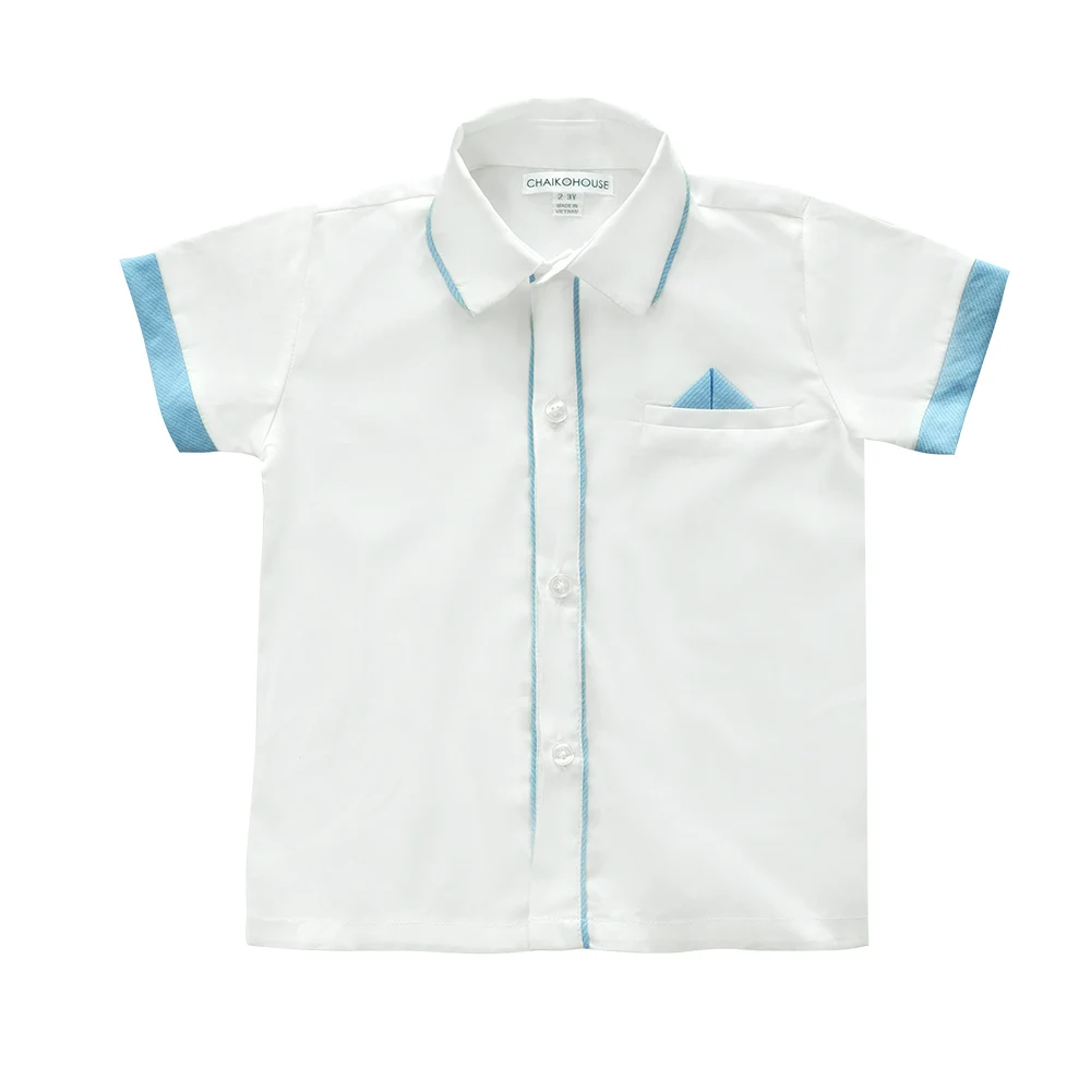 New Trend Hot Sale 2024 Baby Boy Cotton Occasion Shirt, White Short Sleeves And Blue Line Shirt For Kids - Cloudy Shirt