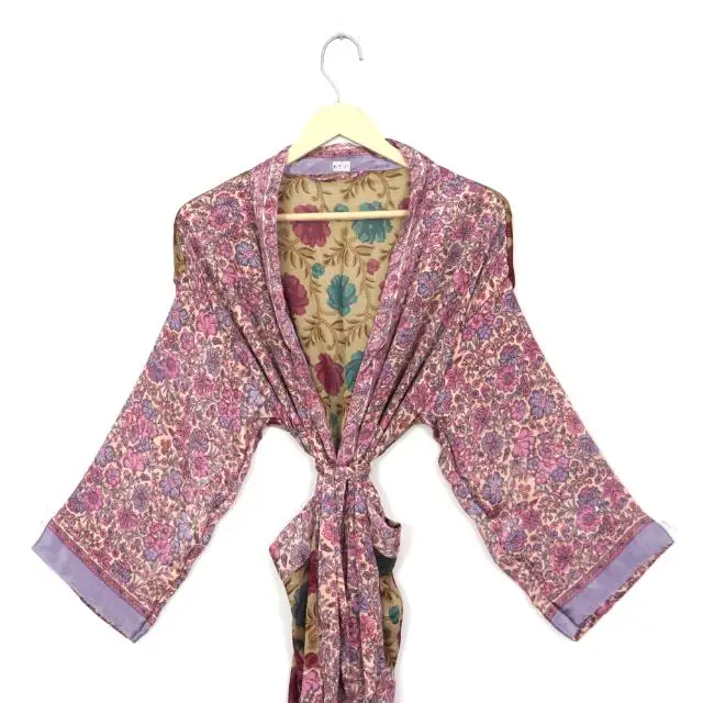 Indian Vintage Silk Recycled Saree Kimono Robe Women Light Weigh Wrap Dress House Wear Coat Indian Vintage Silk Dressing Gown
