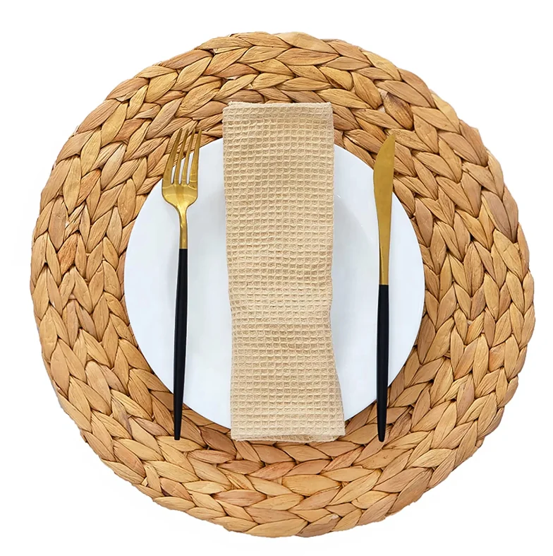 Large Round Woven Placemats for Dining Table Water Hyacinth Straw Braided Placemat Heat Resistant Handmade Weave Placemate