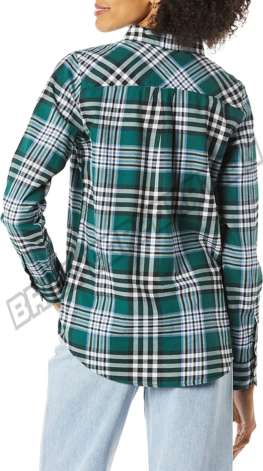 Women Turn-down Collar Long Sleeve Button Up Standard Size Flannel Plaid Shirt | Ladies Adult Girls Casual Flannel Shirts