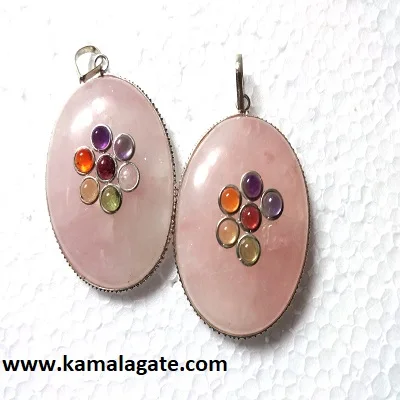 Natural Crystal Quartz Seven Chakra Pendant Sale Embedded Cab Crystal Healing Stainless Steel Chakra Agate Pendant