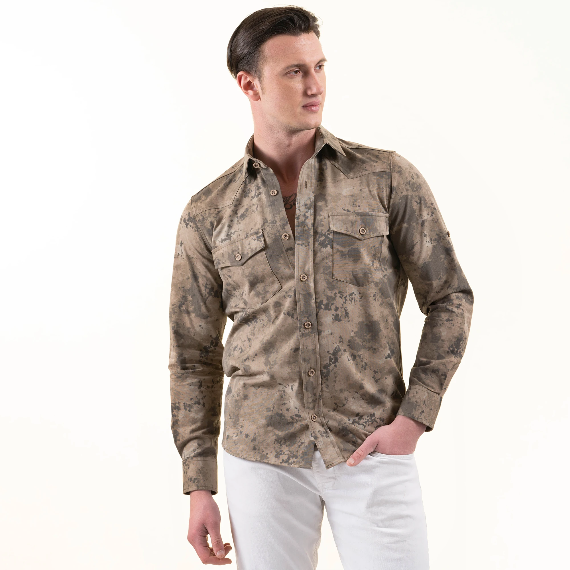 Men Casual Long Sleeve Camouflage Shirts Outdoor Lapel Button Khaki Green Cotton Male Shirt with Pocket made in istanbul