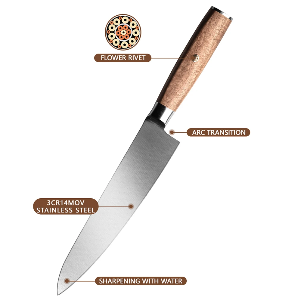 Factory Direct 8 Inch Stainless Steel Kitchen Knives Professional Kitchen Meat Cooking Chef Knife With Wood Handle