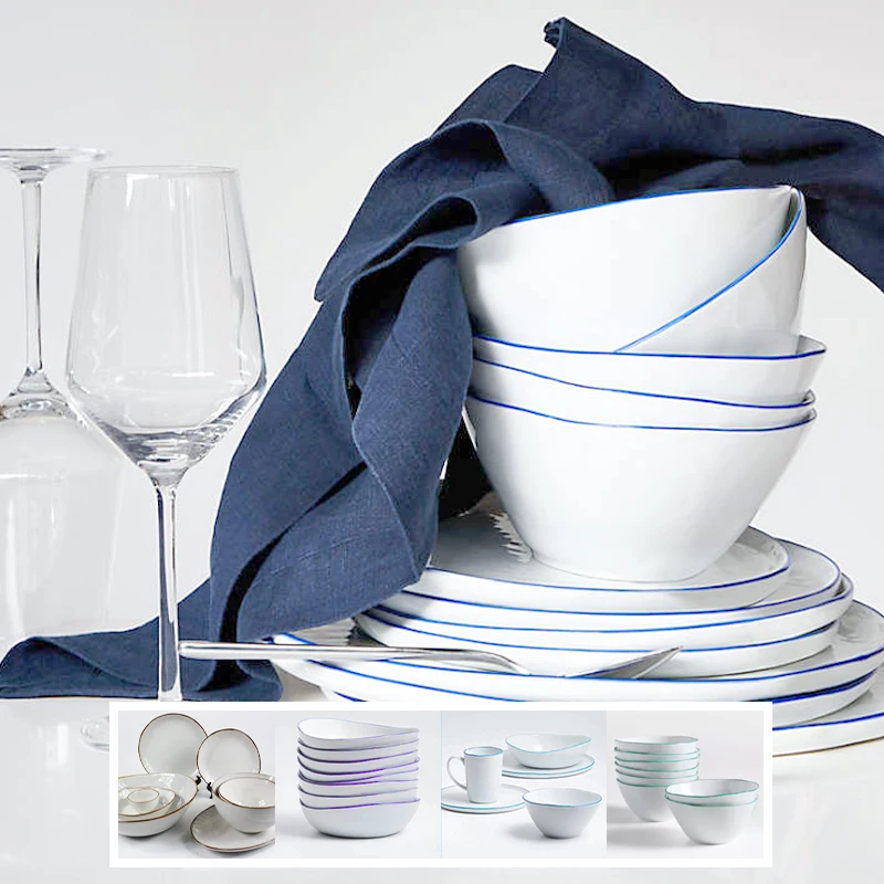 Vaisselle de lux Manufacturer luxury custom color blue edge dinnerware set wedding white dinner ceramic plate with gold rim