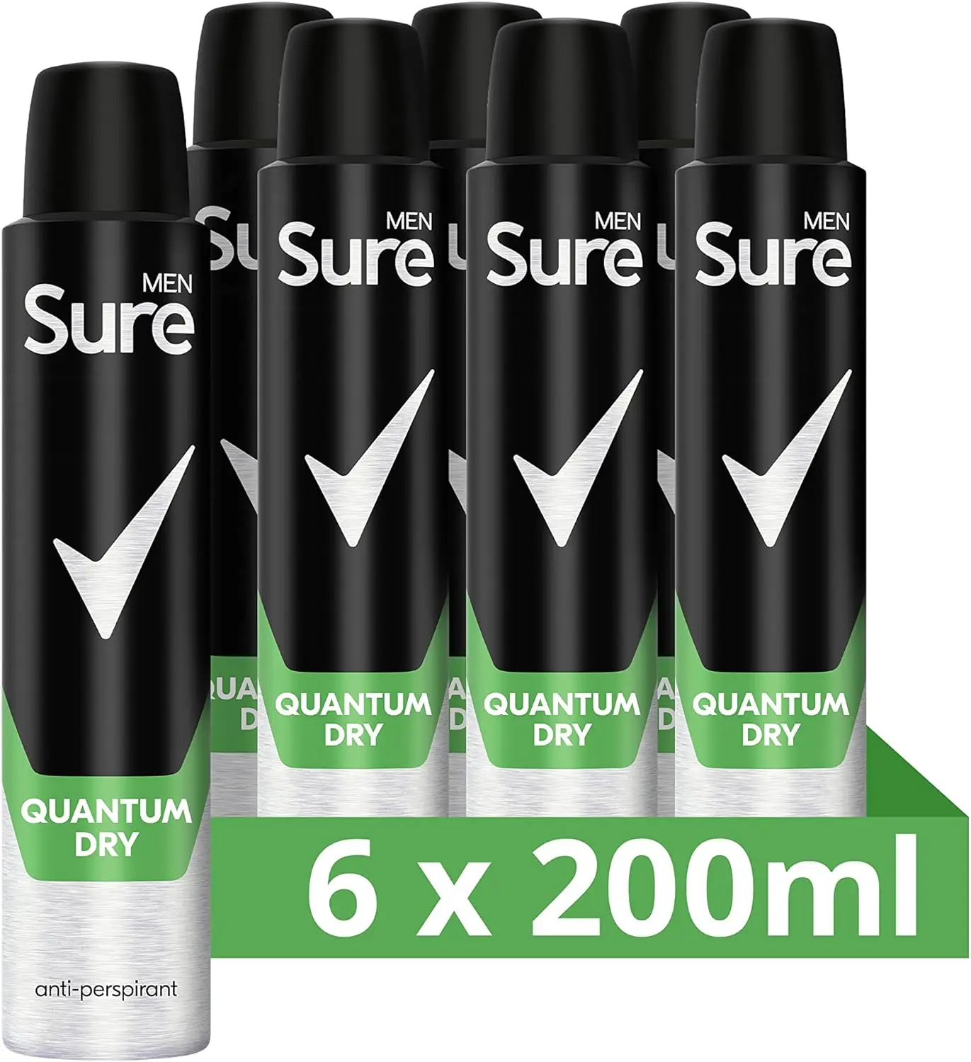 Sure Men Quantum Dry Anti-Perspirant Aerosol pack of 6 deodorant for men for 48-hour sweat and odour protection 200 ml