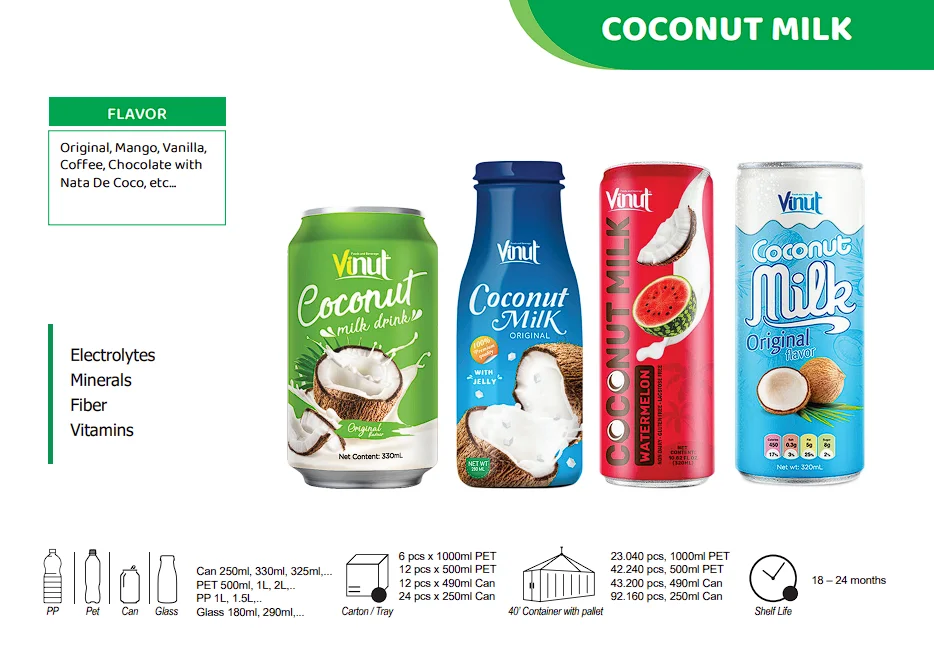 Coconut Milk w Vanilla | 320ml (Pack of 24) VINUT, Plant Based, Non-GMO, No Added Sugar, Essential Electrolytes, OEM ODM