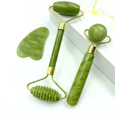 Natural green nephrite emerald face jade roller and gua sha set for face eye neck massage