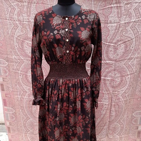 Beautiful Hand Block Printed Cotton Maxi Standard Long Dress With Smoking Waist Long Sleeve Cotton Dress Women Clothing
