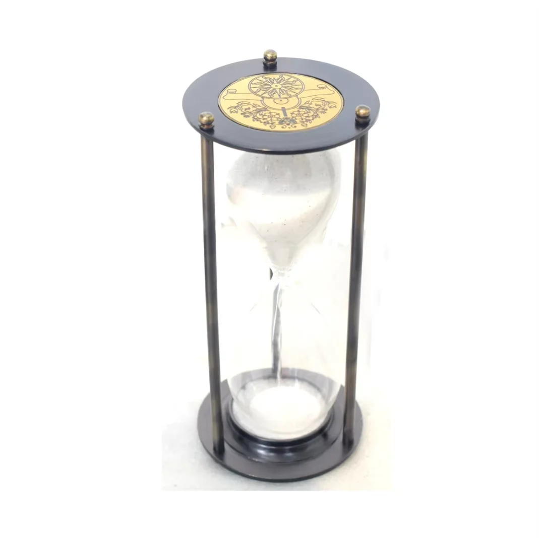 Best Selling Traditional 3-Rod Hourglass Sand Timer Antiqued Aluminum Stainless Steel with Glass Wood Material Antiques Brass