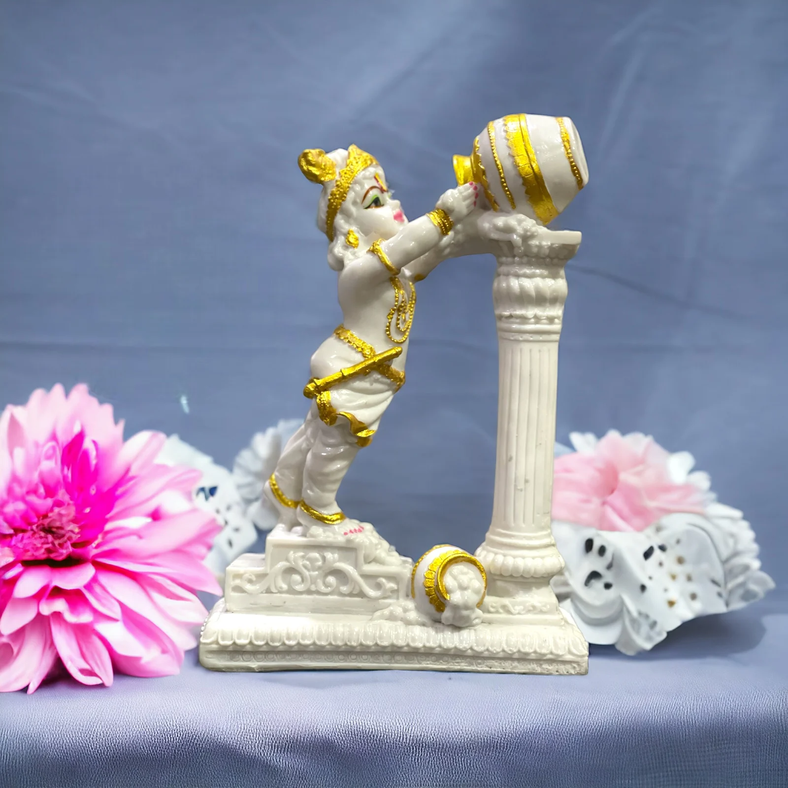 Artifact Vrindavan Kanha Murti Takes Makhan Matki Idol Carved Stone Serene Beauty for Home Religious Decor for Sacred Spaces