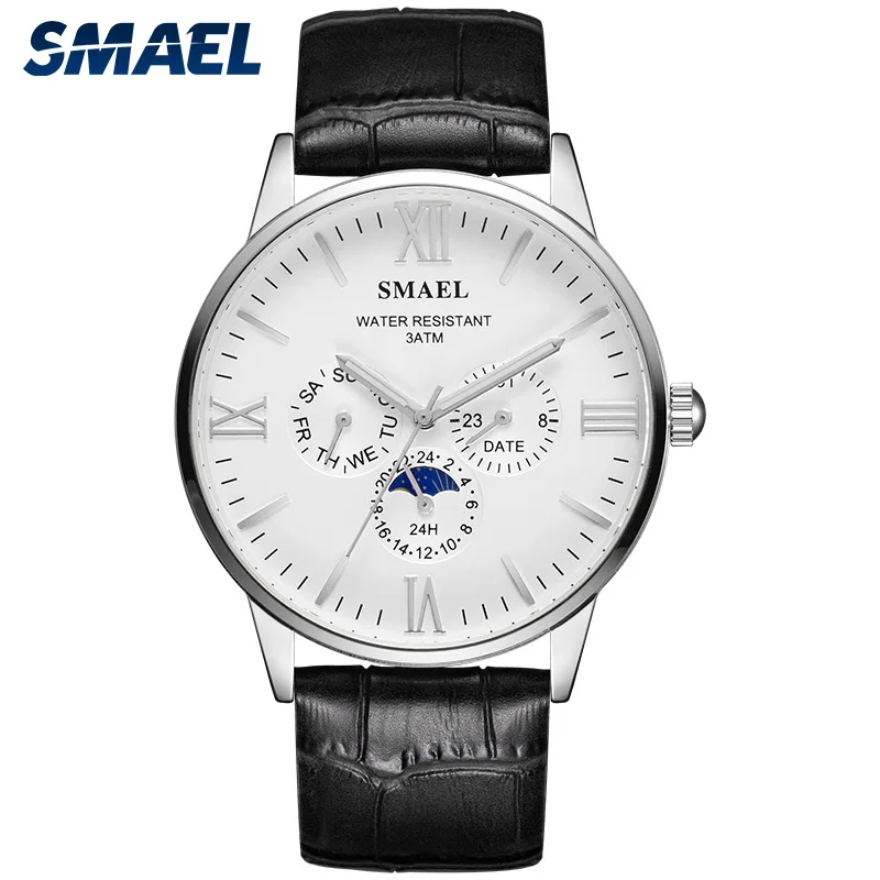 SMAEL new quartz wrist watch 9094 multifunction leather strap watch