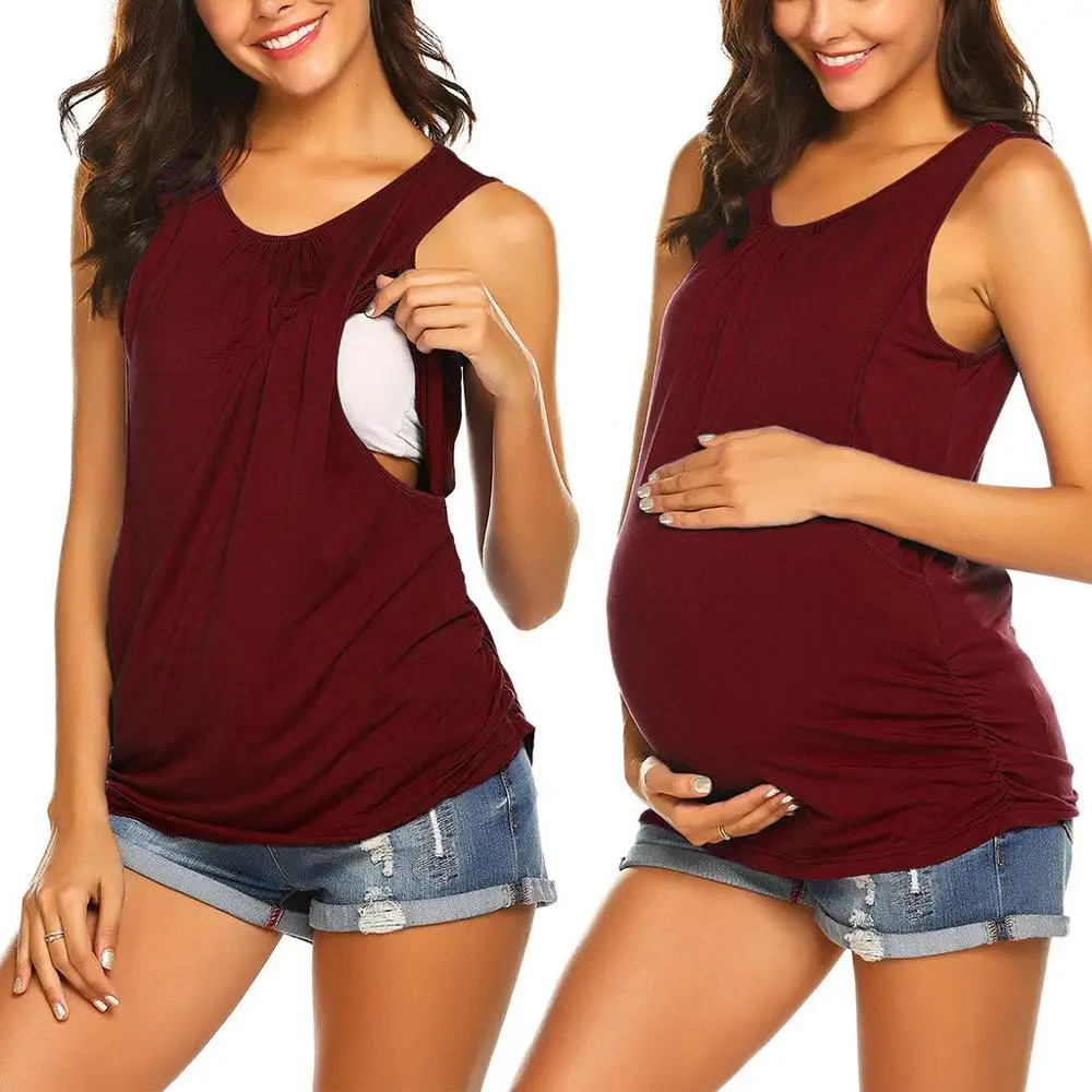 Womens Maternity Nursing Tank Top Breastfeeding Tee Shirt Double Layer Sleeveless Pregnancy Shirt