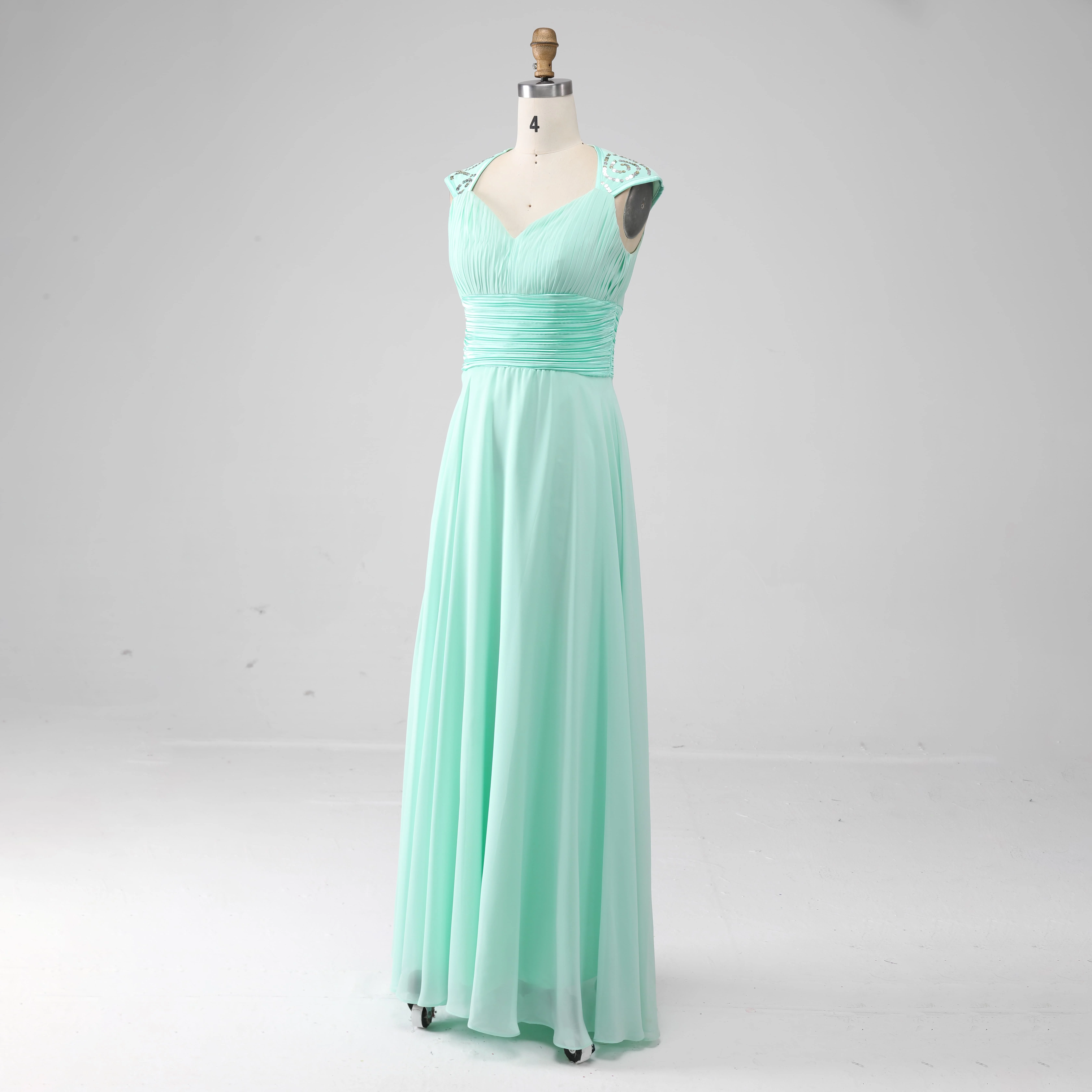 Elegant Floor Length Long Formal Women Wedding Guest Dress Mint Green Chiffon Sweetheart Bridesmaid Dresses with Cap Sleeves