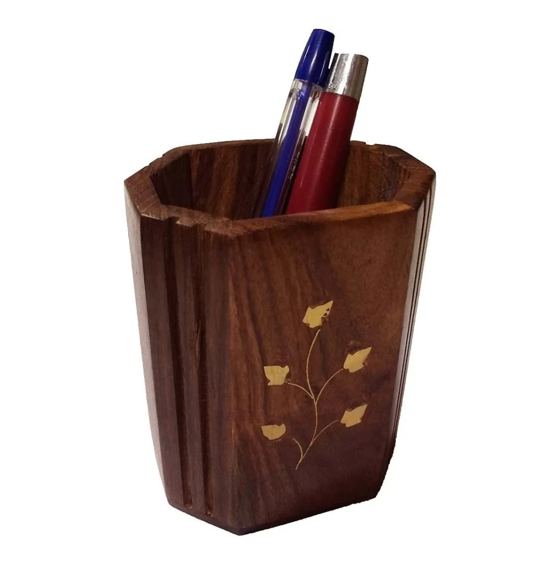 Study Home and Office Stationery Organizer Wooden Pen Holder Featuring Brass Inlay Decorations from Indian Supplier
