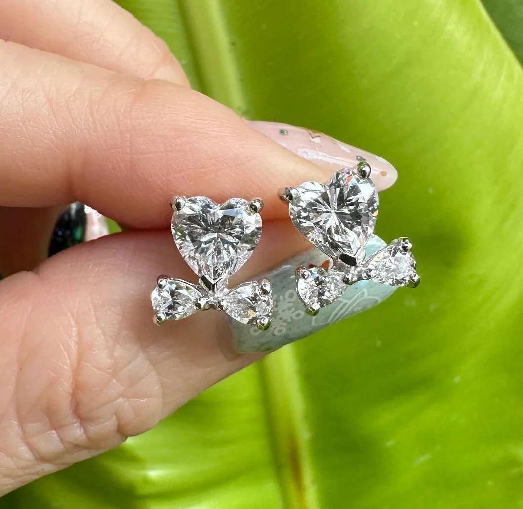 3 Stone Lab Grown Diamond Earring Bow Shaped CVD Diamond Stud Earring 2.60 Ctw Pear & Heart Woman Stud 14k White Gold Cute Stud