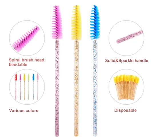50pcs/pack Wholesale Disposable Glitter handle Eyelash Extensions Mascara Wands Spoolie Brush Eyebrow Makeup Applicator Brush