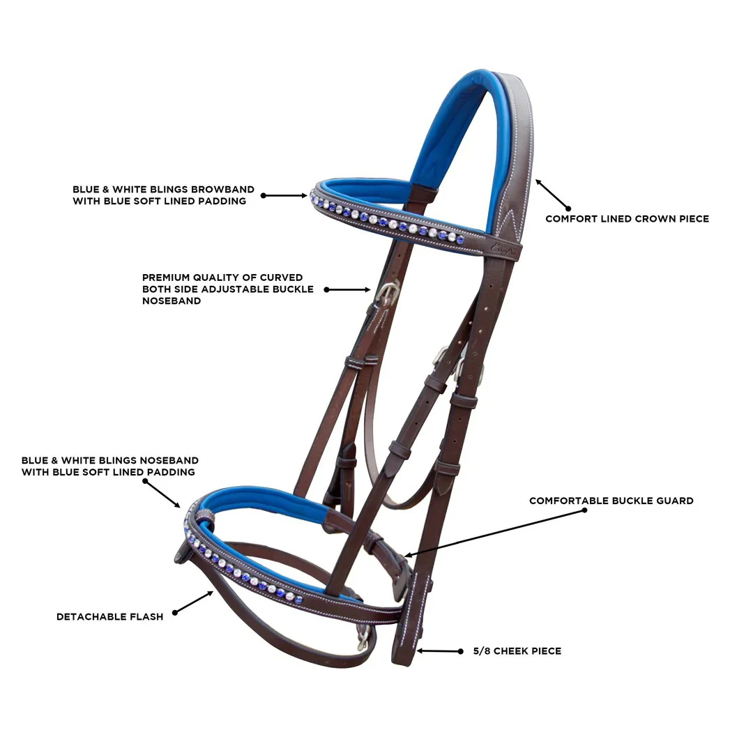 Alternate White & Dark Blue Bling Jumping Bridle in all Sizes High Quality Tanned Leather Farm Race outdoor sports Stable