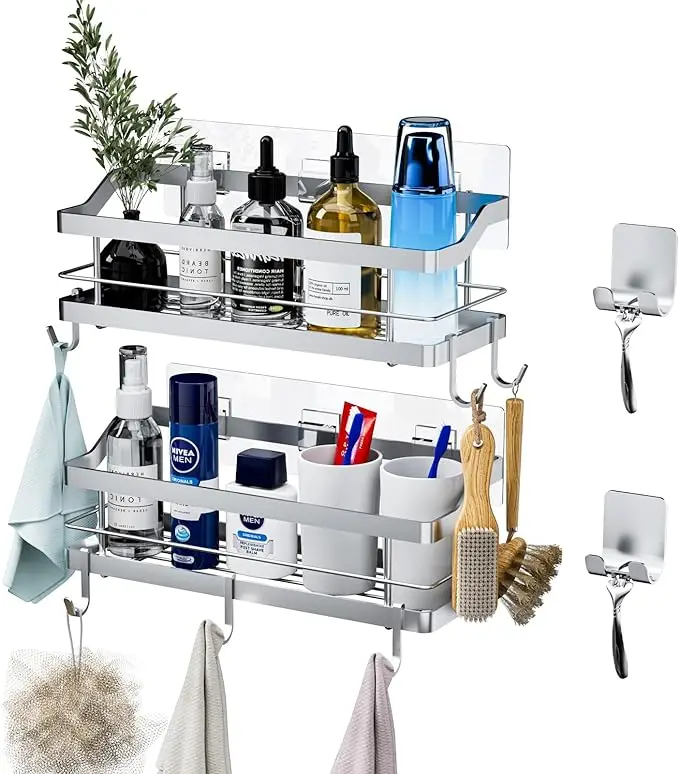 Adhesive No Drilling Stainless Steel Bathroom Wall Mounted Shelf Shower for Home Use