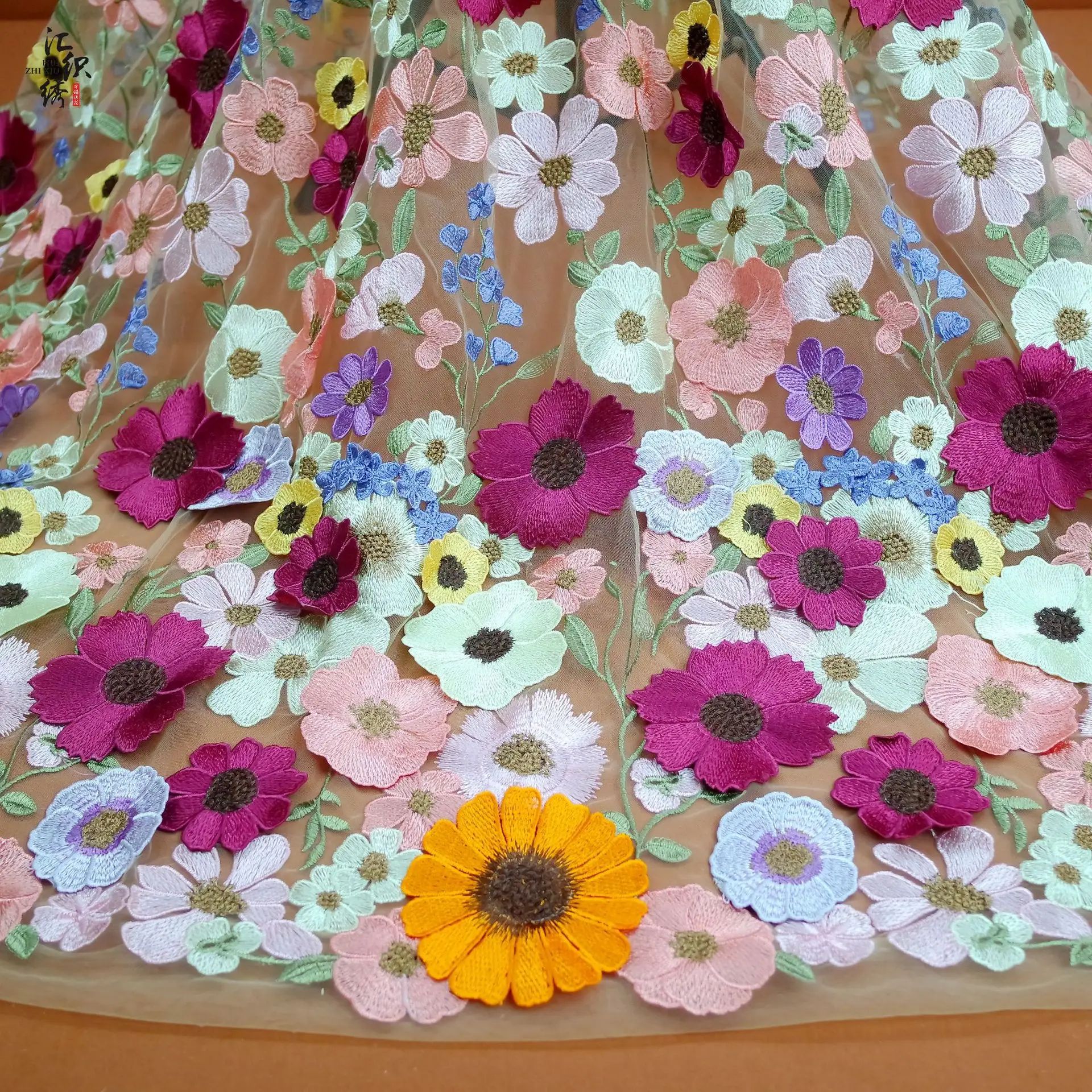 Bridal Fabric for Wedding Dress, 3D Flower French Tulle Lace Applique/African Embroidery Cotton Embroidered fabric