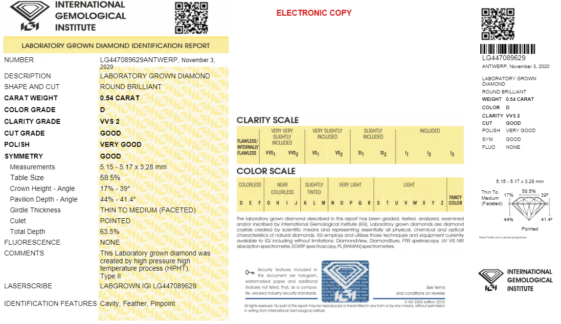 Round Brilliant Cut HPHT 0.54ct Diamond D Color VVS2 Purity IGI Certified Lab Grown TYPE2 447089629