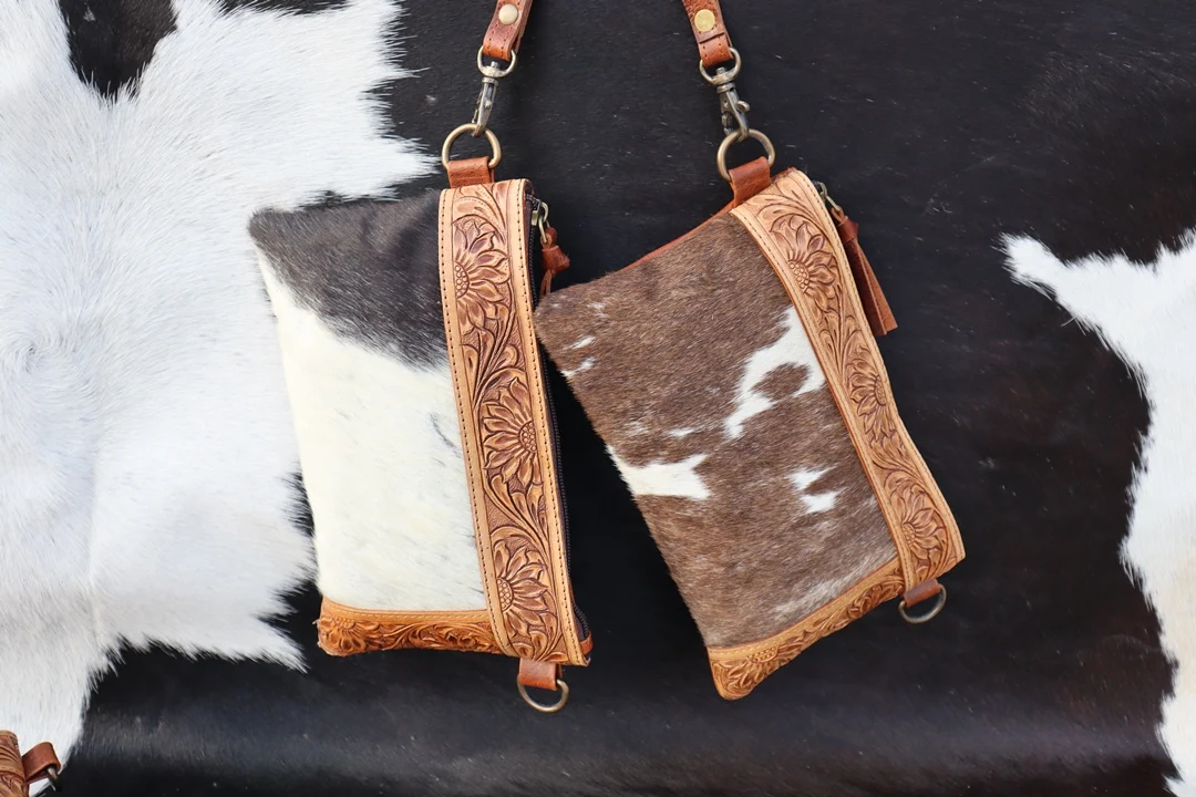Western Tooled Leather Hair On Purse Women Clutches Genuine Leather Wallet With Hand Carved Design Manufacturer And Wholesaler