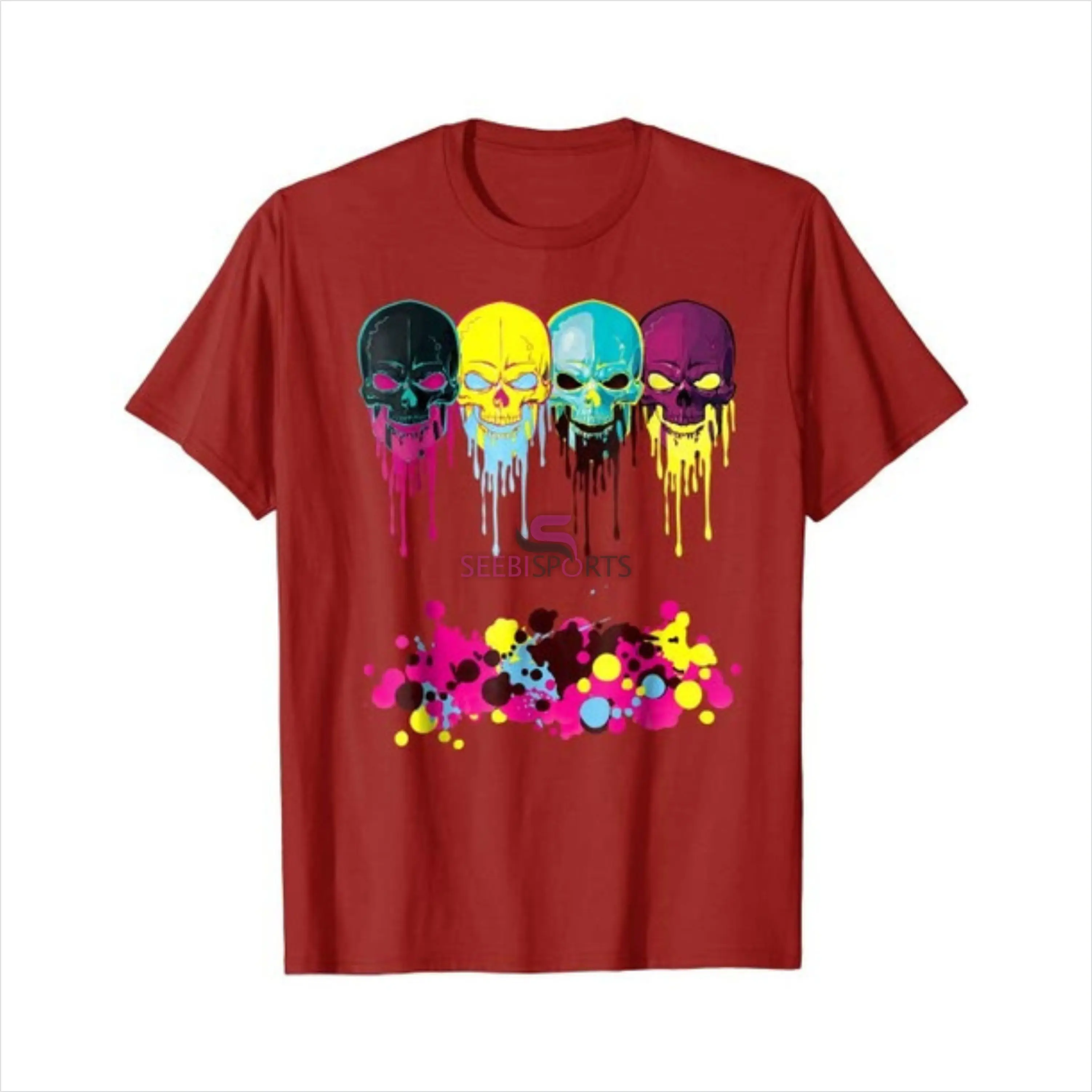 Paint Drip Neon Melting Evil Skull Face T-shirt Men Fashion Cotton Tee Shirt