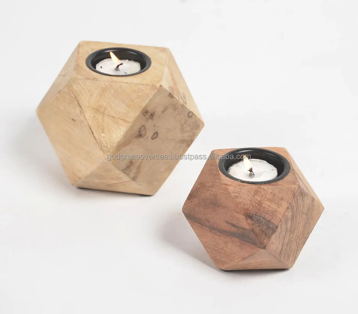 Best Quality Acacia Wood Diamond cuts wooden tealight holders (set of 2)