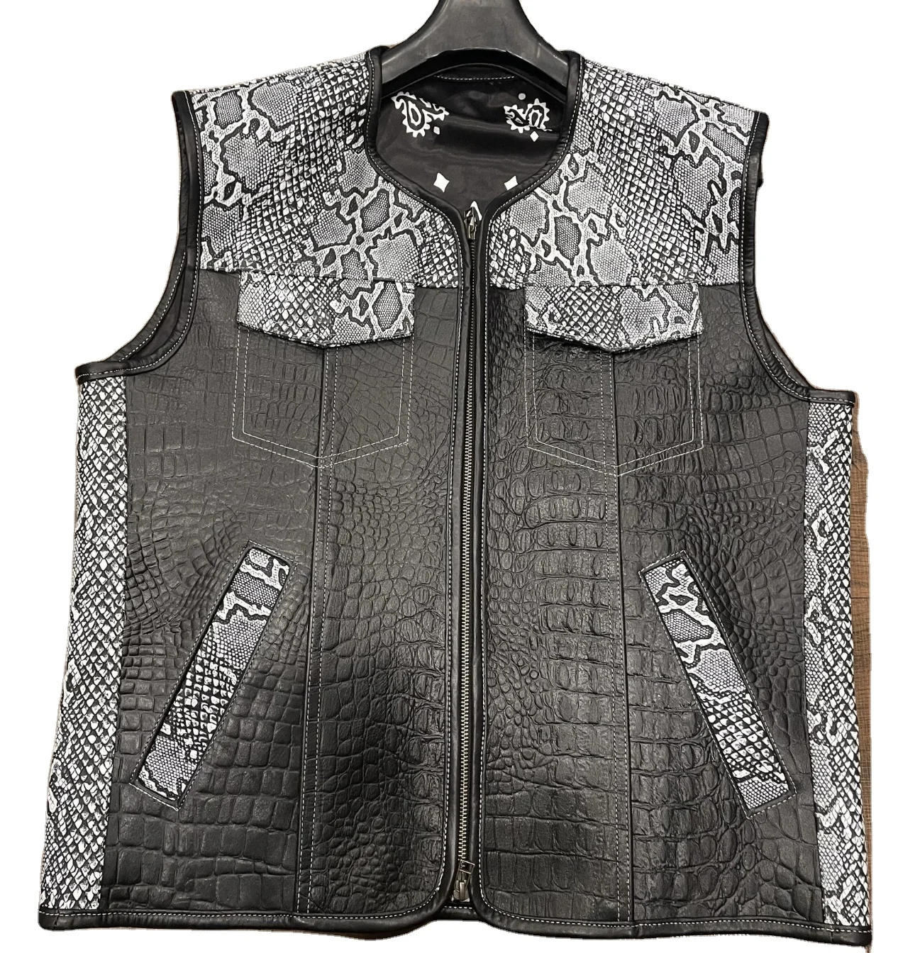 MENS CROCODILE AND SNAKE EMBOSSED LEATHER Motorcycle Vest Black white Cowhide Biker Vest with custom logo