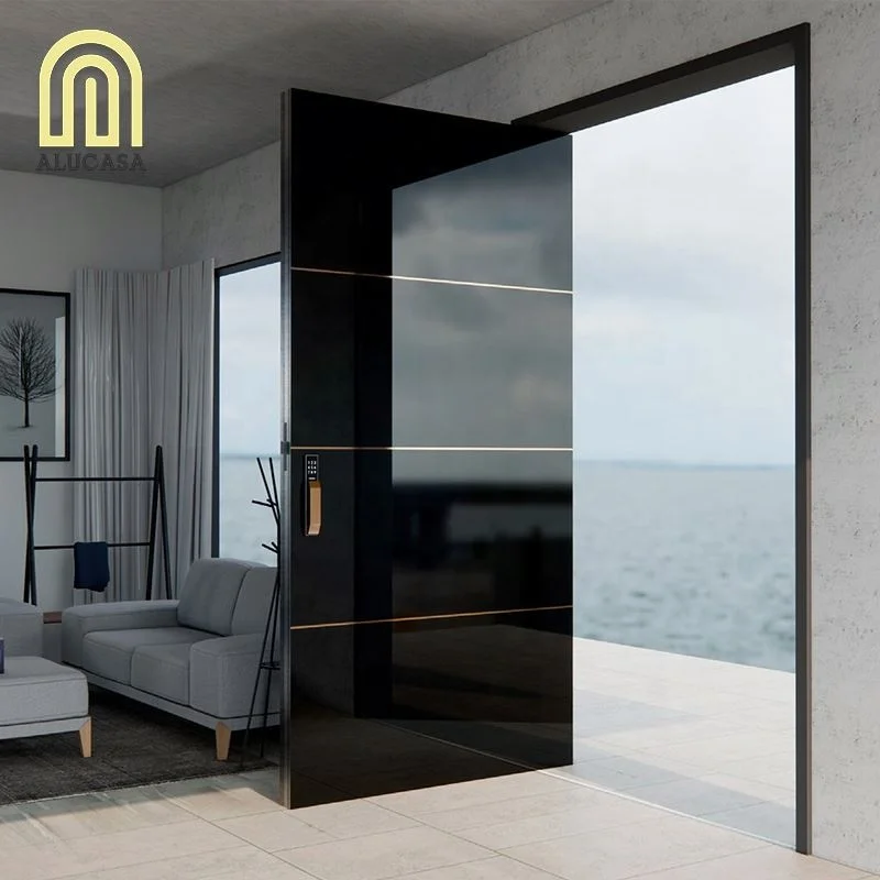 Alucasa Hurricane Custom Villa Big Luxury Black Entry Modern Stainless Steel Front Entrance Pivot Door