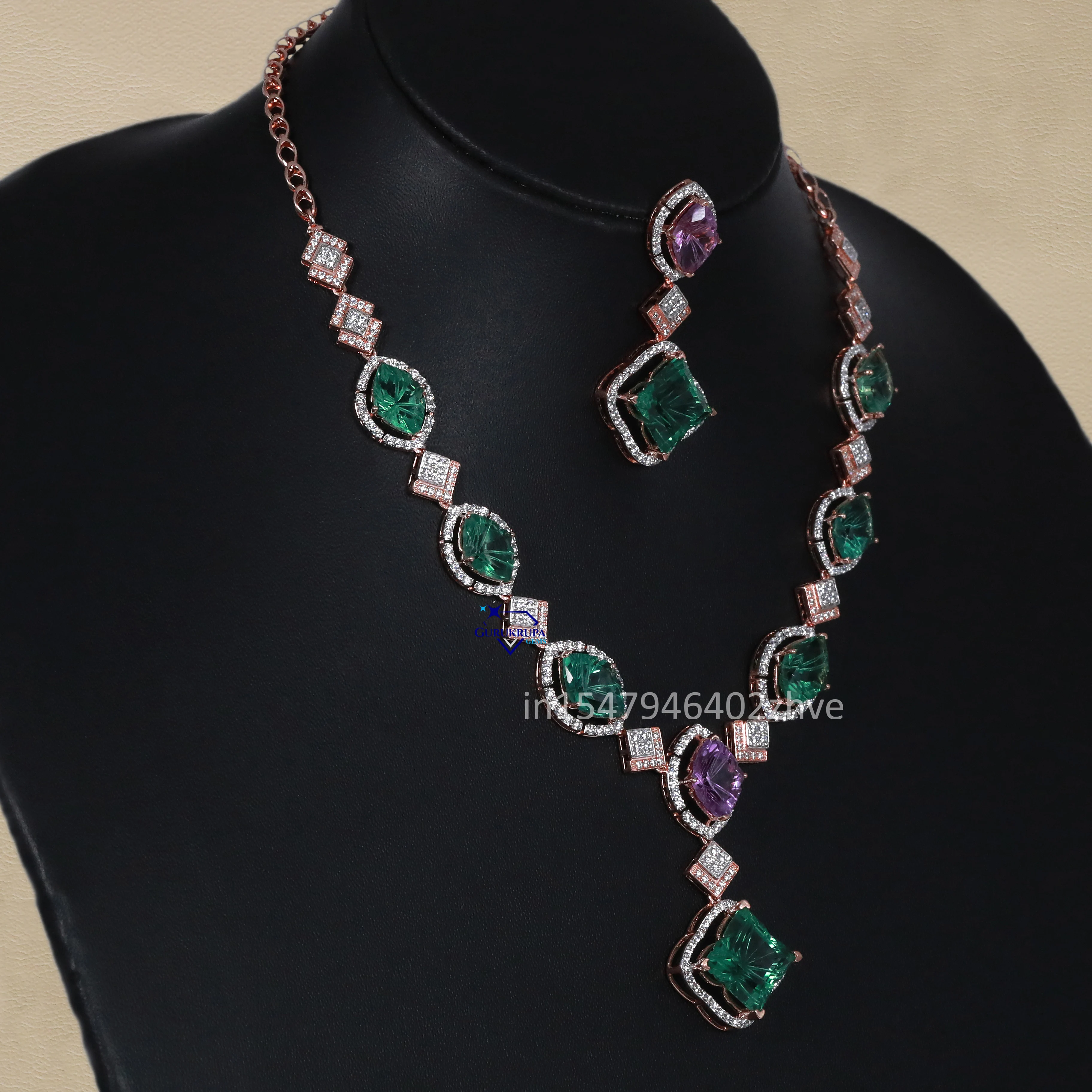 Radiate your elegance with stunning 925 sterling silver lab grown diamond with green and purple gemstone necklace set for women