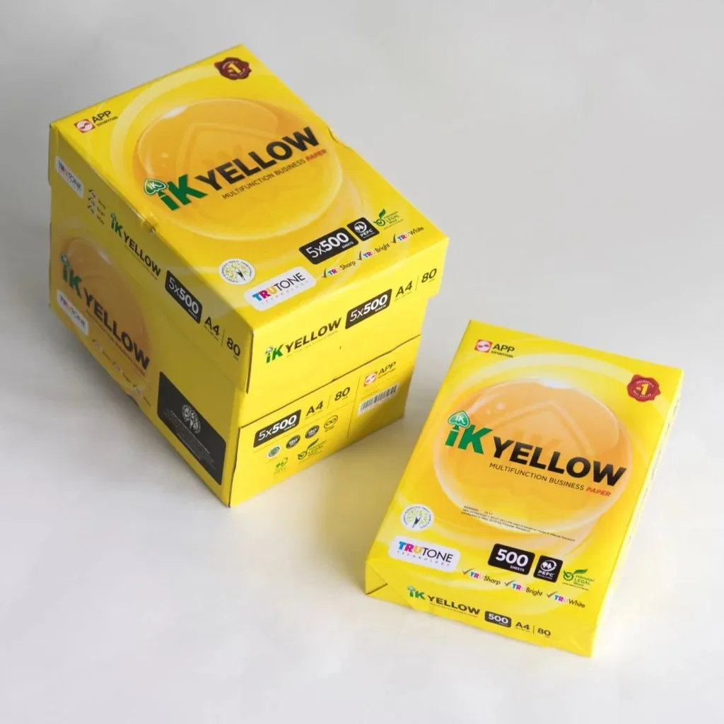Factory supply IK Yellow A4 copy paper 100% natural wood pulp superior quality ideal for office use and bulk printing orders