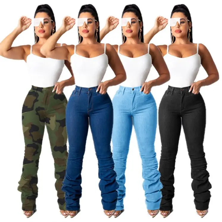 New Straight Hot sale pants wholesale stack women jeans high waist  wide pants denim Ladies Ripped Plus Size Denim Jeans